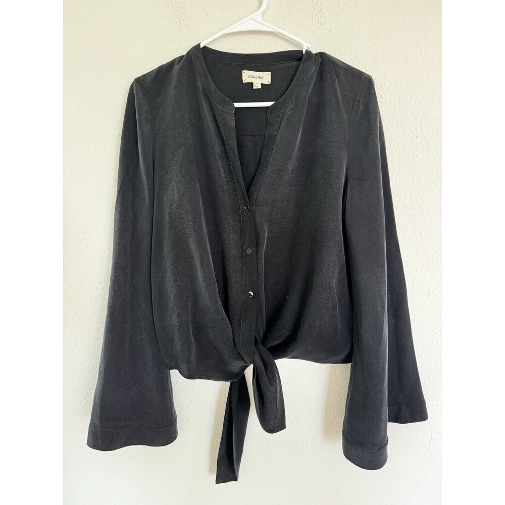 L’agence Black Crop Bell Sleeve Front Tie Silk Blouse Size S Contemporary Top